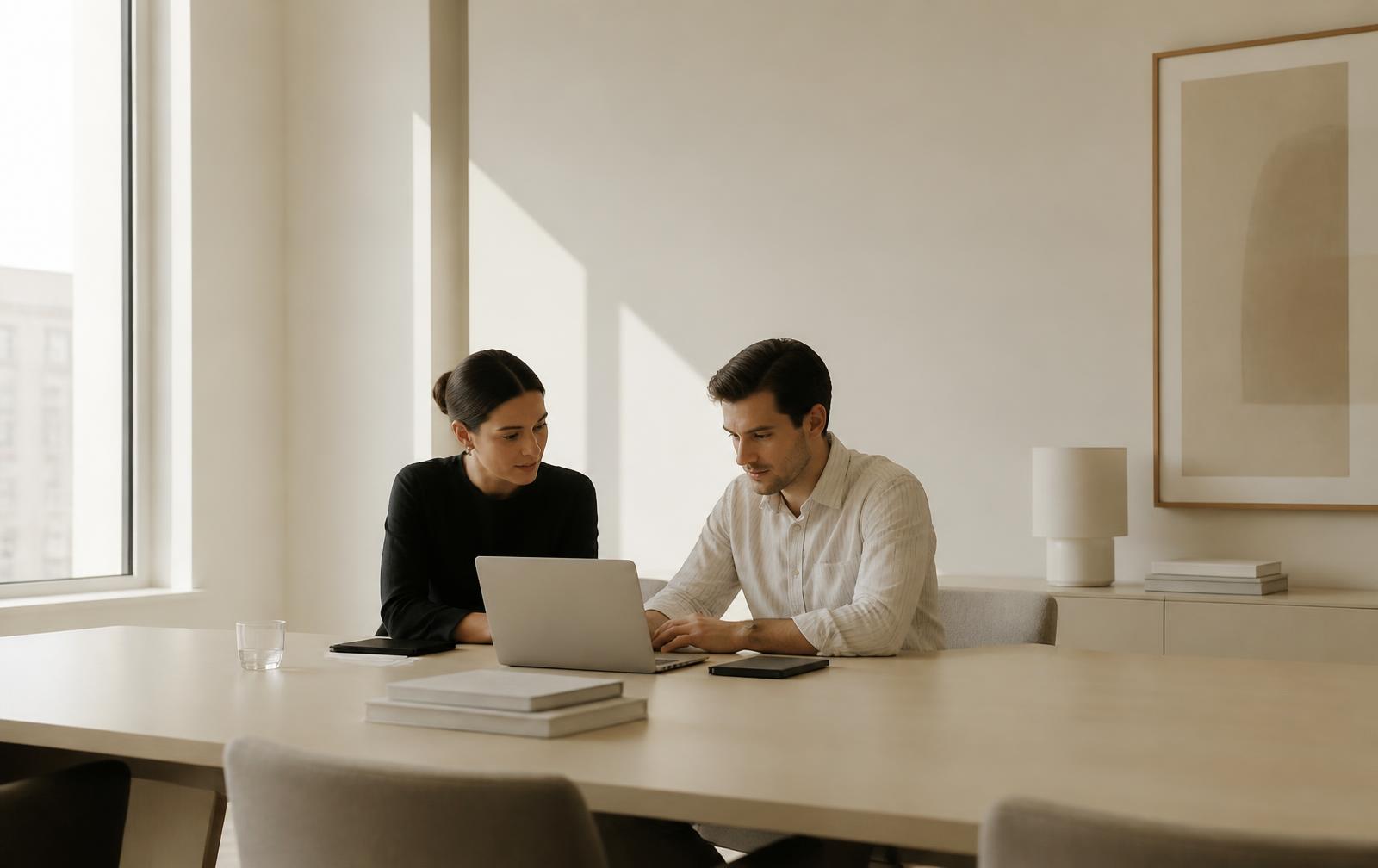 Deux collaborateurs travaillant ensemble dans un bureau lumineux